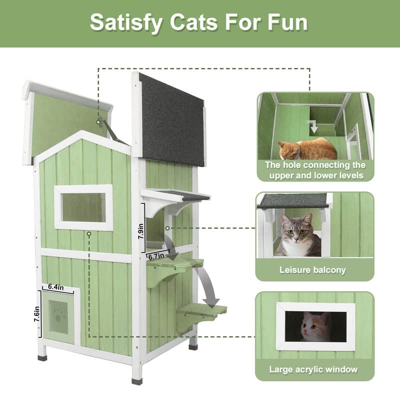 Outdoor Cat Shelter Weatherproof Two Story Wooden Cat House with Openable Roof Escape Door D1080