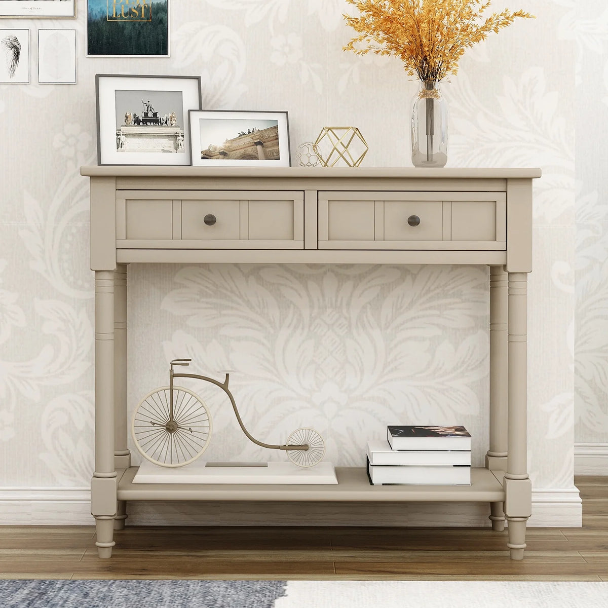 Antique Gray Console Table with Two Storage Drawers and Bottom Shelf Z52047