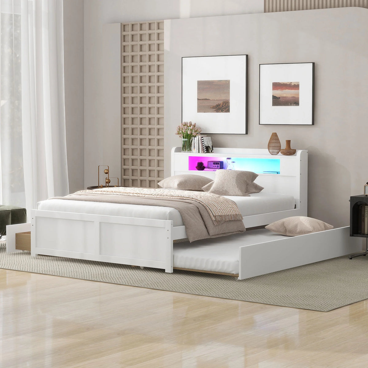 Queen Size White Wood Storage Platform Bed with 2 Drawers and Trundle O453266