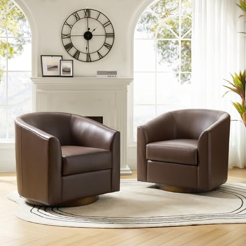 Brown Genuine Leather Swivel Barrel Chair Set of 2 G60636