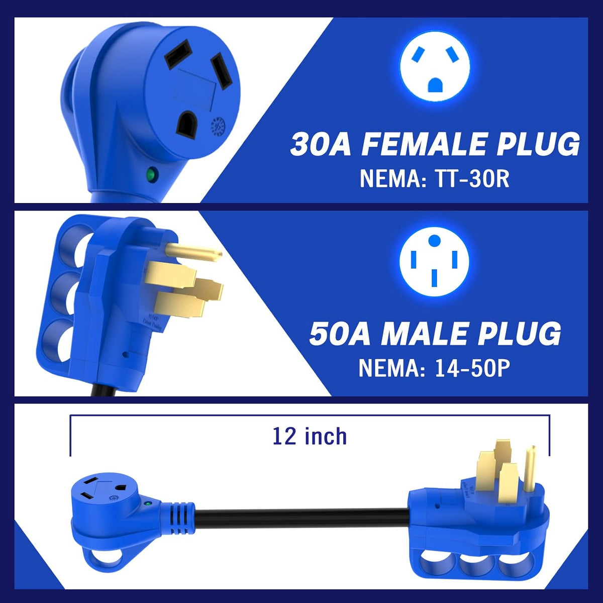 50 Amp to 30 Amp RV Adapter with Grip Handle, LED Indicator, 12 Inch C810