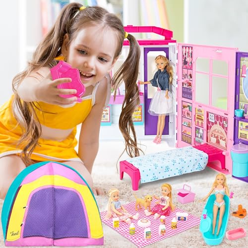 Portable Foldable Dollhouse with 60+ Pcs & 2 Dolls B391