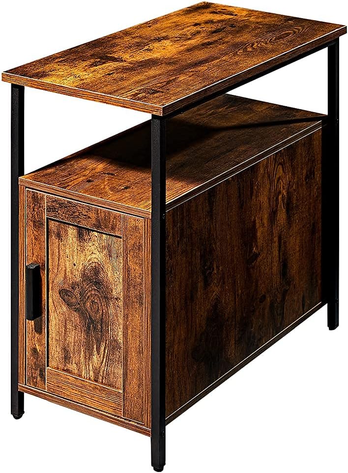 Brown Wooden End Table with Shelf and Storage Cabinet L299
