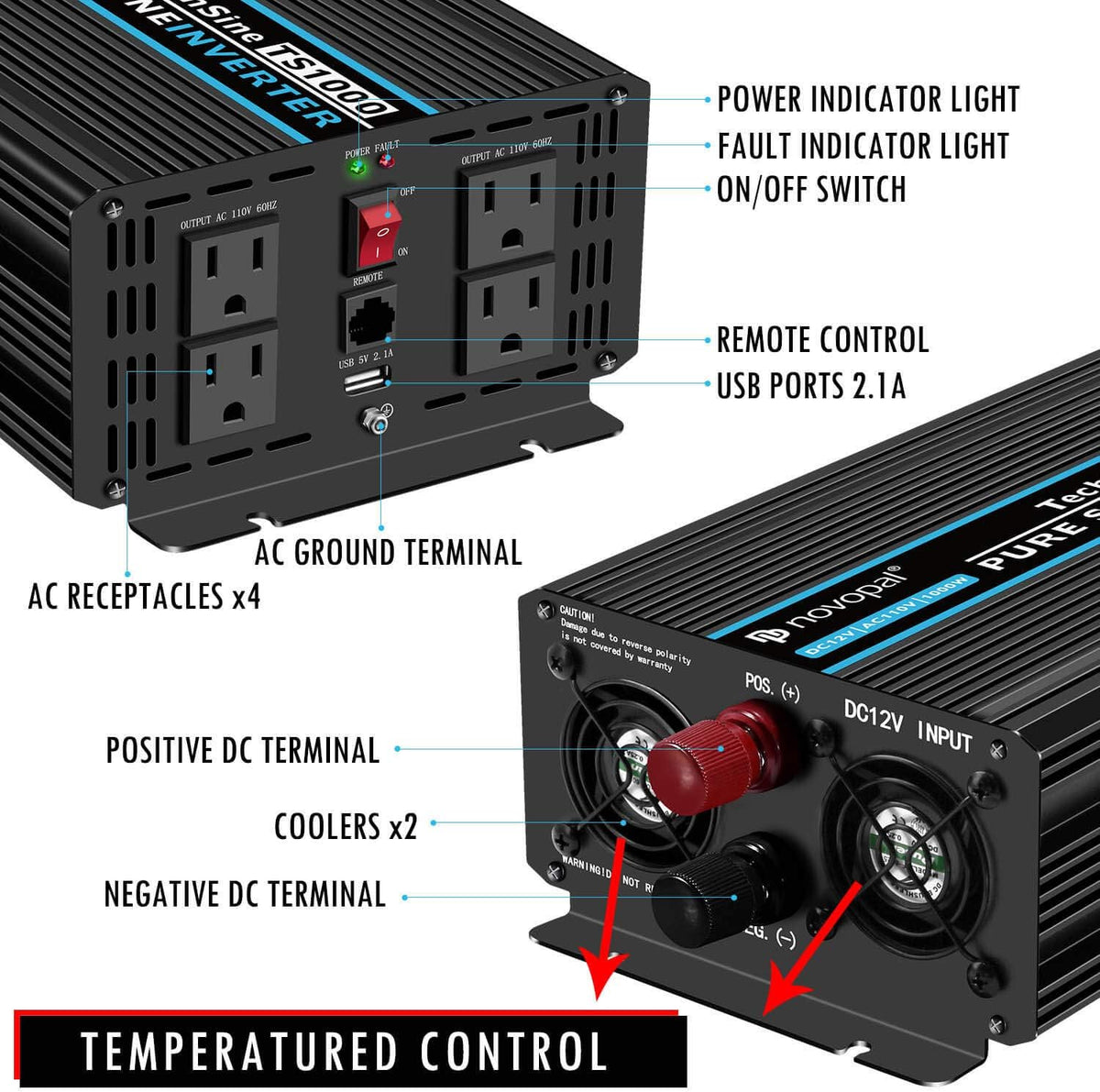 Pure Sine Wave Power Inverter 1000 Watt 12V DC to 110V AC Converter with 4 AC Outlets and One USB Port R836119