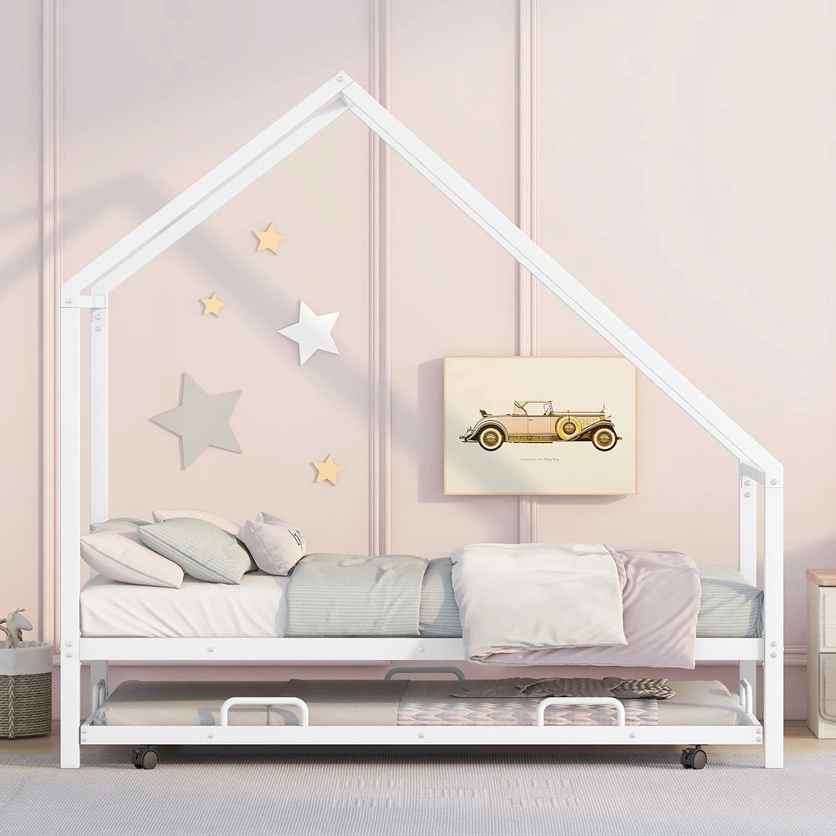 White Twin Metal House Platform Bed with Trundle N689