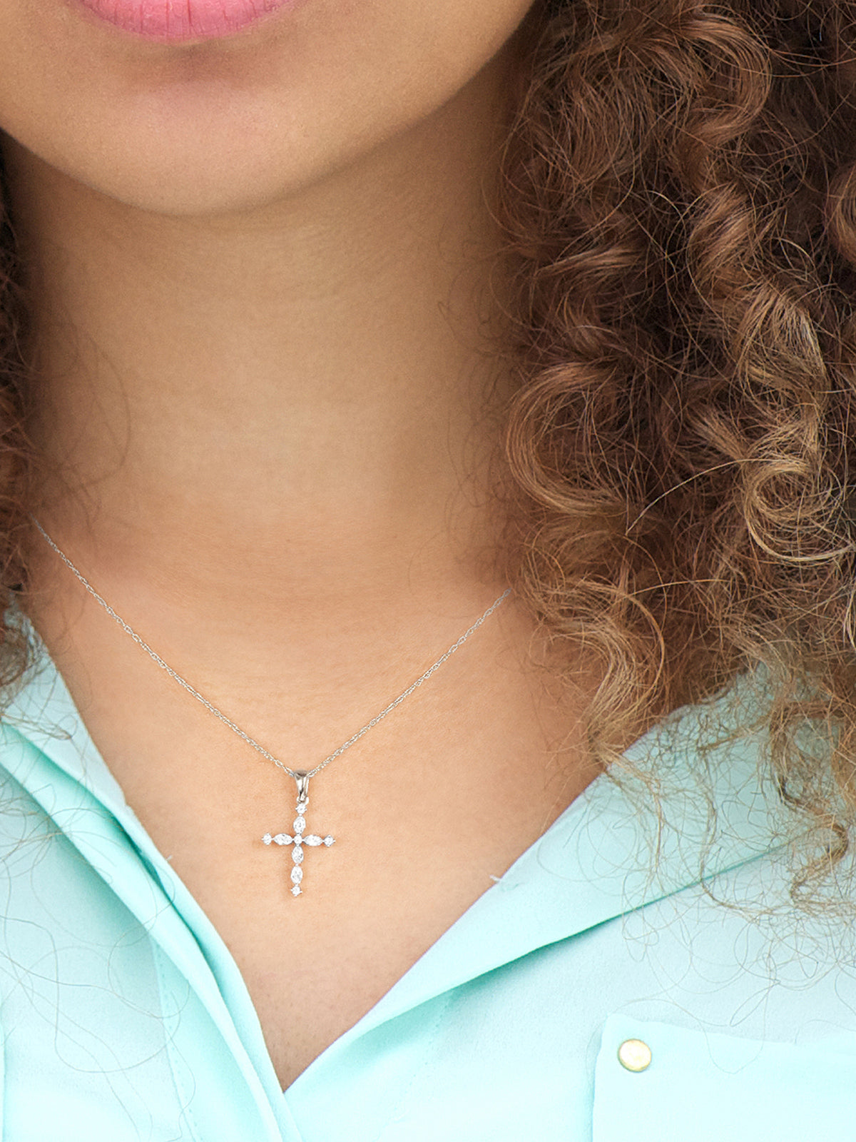 10K White Gold Marquise and Round Diamond Cross Pendant Necklace M4640