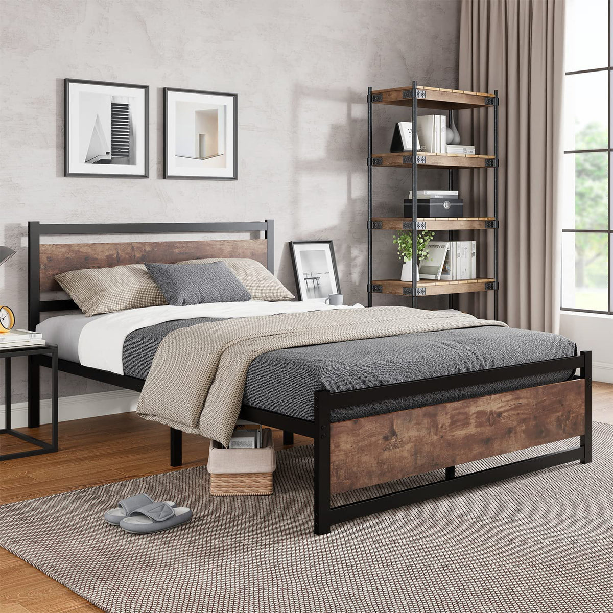 Queen Platform Bed Frame with Wooden Headboard C8395