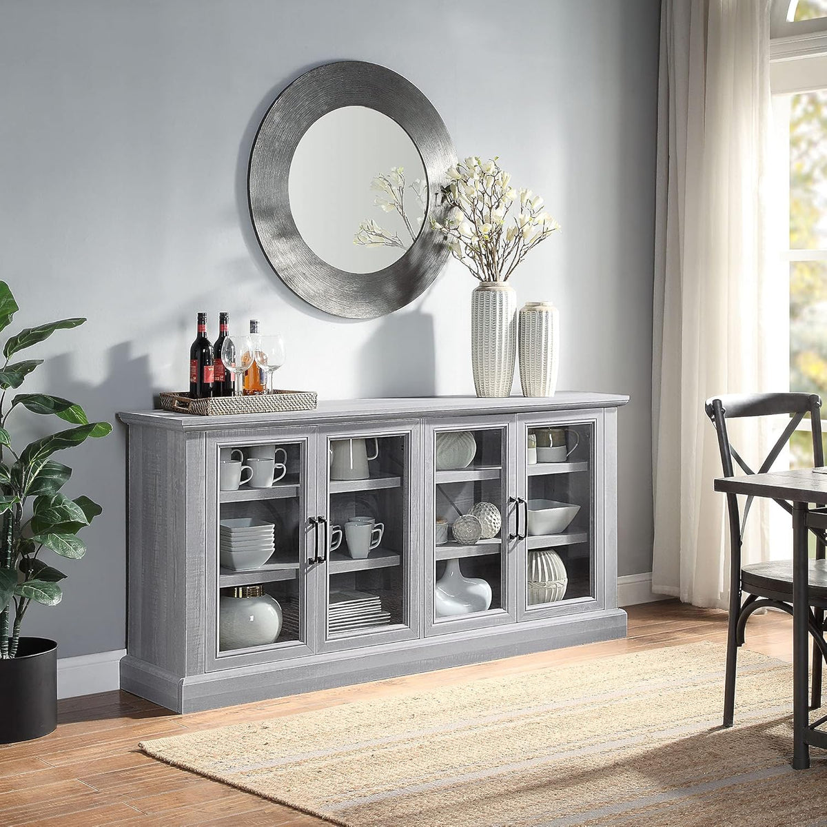 Rustic Grey Wood Sideboard Buffet with Storage Cabinet and Glass Doors Y44635