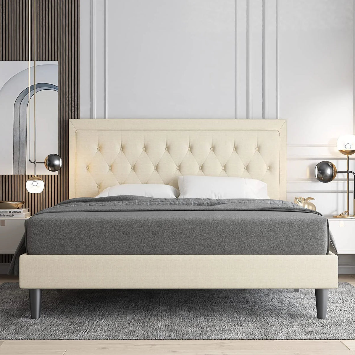 Queen Size Beige Upholstered Platform Bed Frame T161