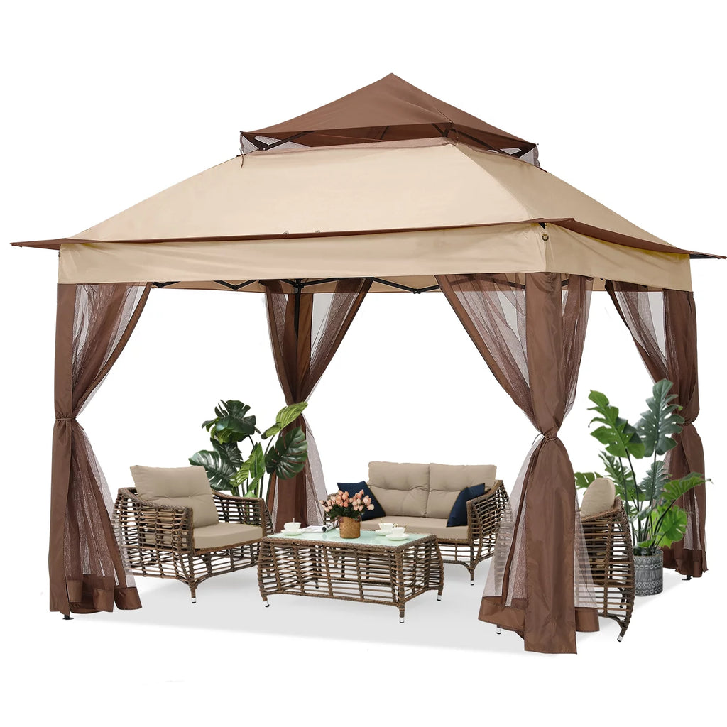 13'x13' Brown Pop up Gazebo Canopy Shelter with Mosquito Netting K429095
