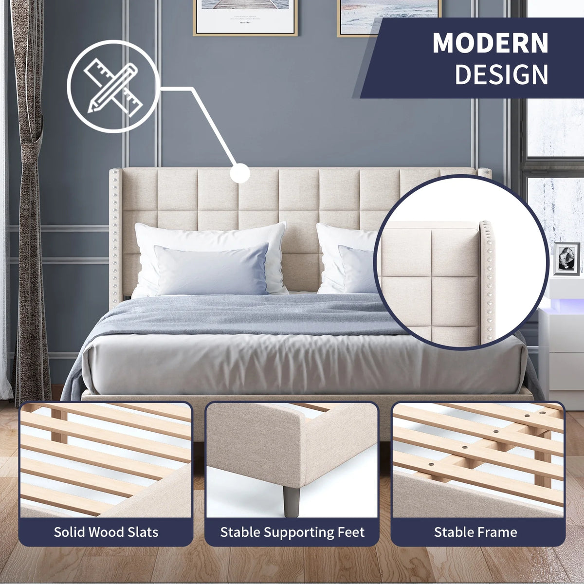 Velvet Wingback Headboard Queen Size Platform Bed Frame M19745