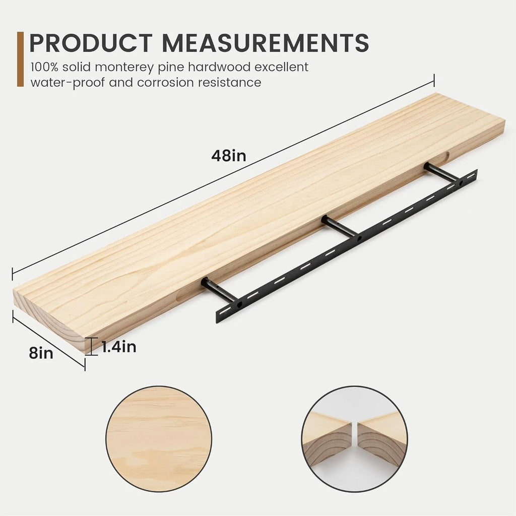 48 Inch Solid Pine Wood Floating Shelf with Metal Bracket A446538