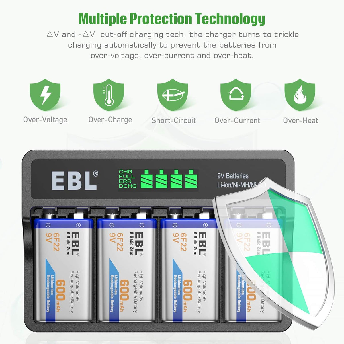 9V Li-ion Rechargeable Batteries 600mAh 4-Pack with LCD Smart Battery Charger M938742