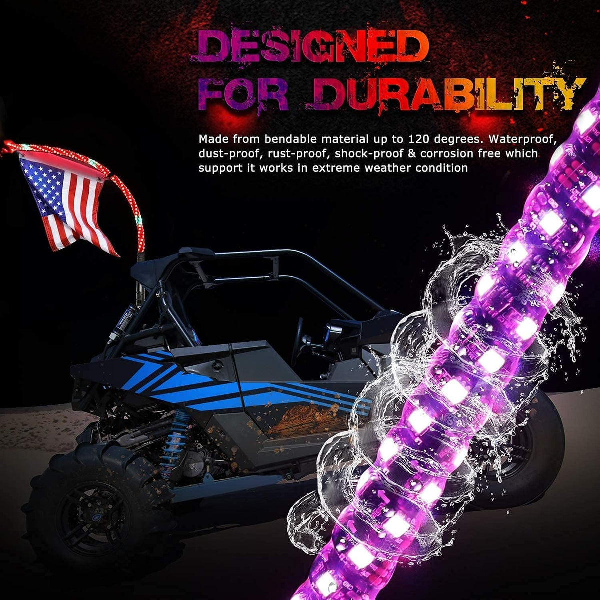 5FT RGB LED Whip Lights with Spring Base RF Remote Controlled Spiral Antenna U102