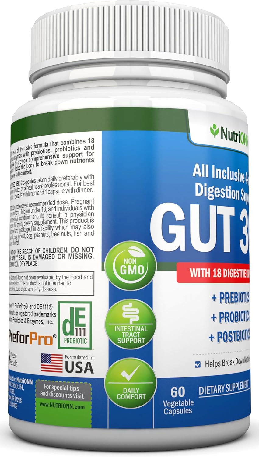 Probiotics, Prebiotics & Postbiotics with 18 Digestive Enzymes - 4-in-1 Complete Gut & Digestive Support Supplement - Non GMO - Vegan V1910