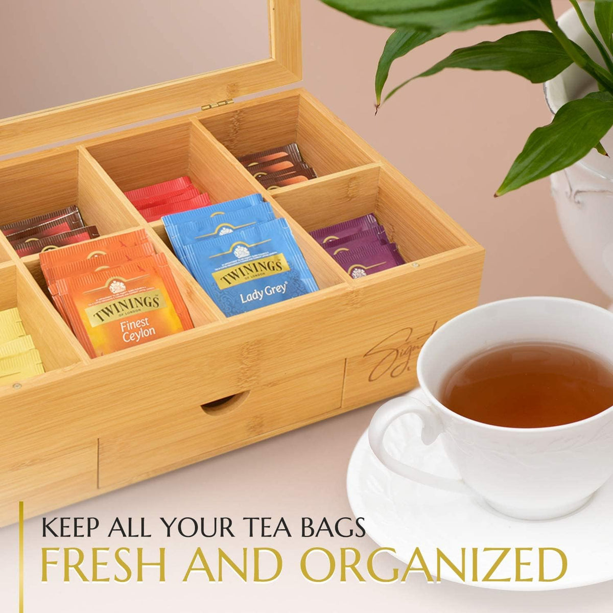Bamboo Wooden Tea Box Organizer Storage with Drawer (8 Compartments) D875