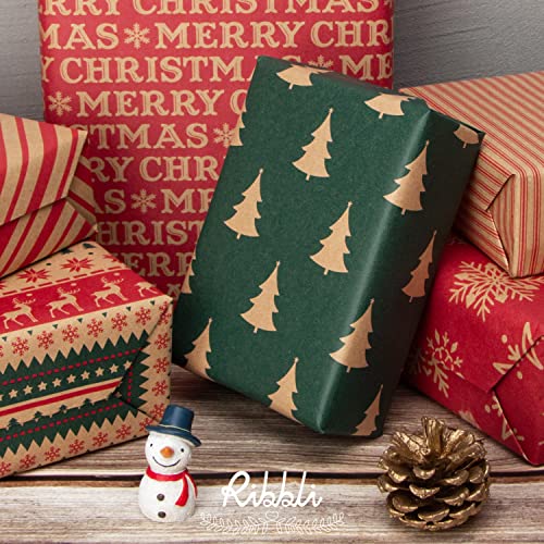 6 Rolls Kraft Christmas Wrapping Paper with Snowflake/Tree/Red Stripe/Merry Christmas Pattern, 17 inch x 120 inch Per Roll X883912