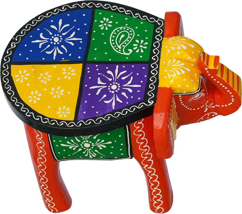 Handcrafted Emboss Painted Colorful Wooden Elephant Shape Stool Table Medium F58894