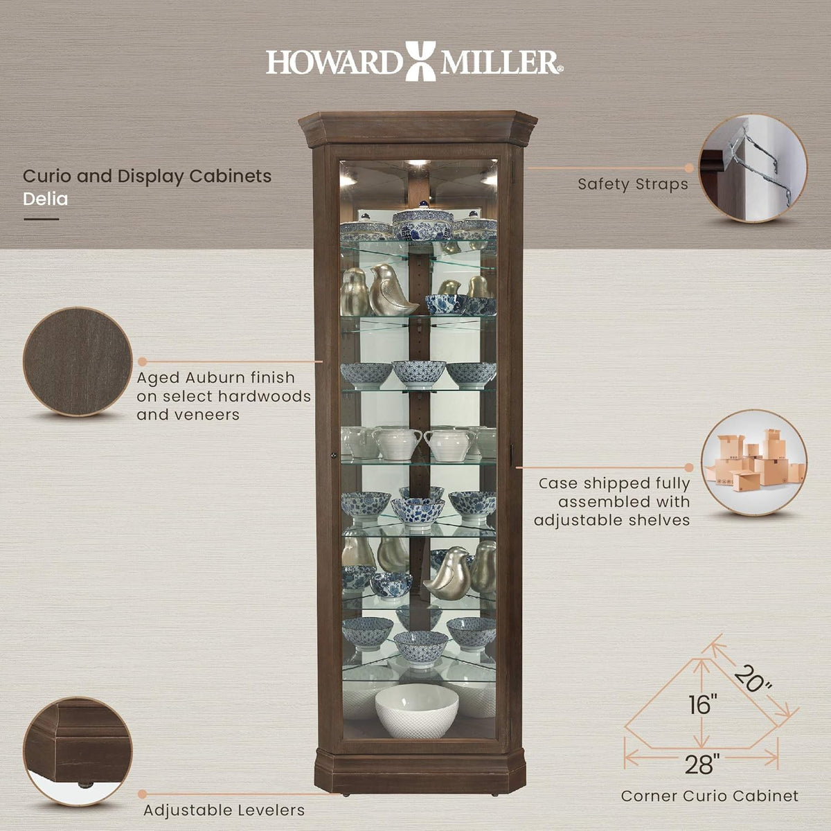 Aged Auburn Curio Cabinet with Glass Shelves Z553