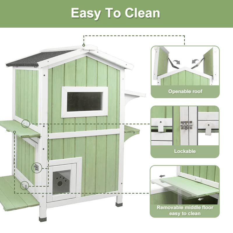 Outdoor Cat Shelter Weatherproof Two Story Wooden Cat House with Openable Roof Escape Door D1080