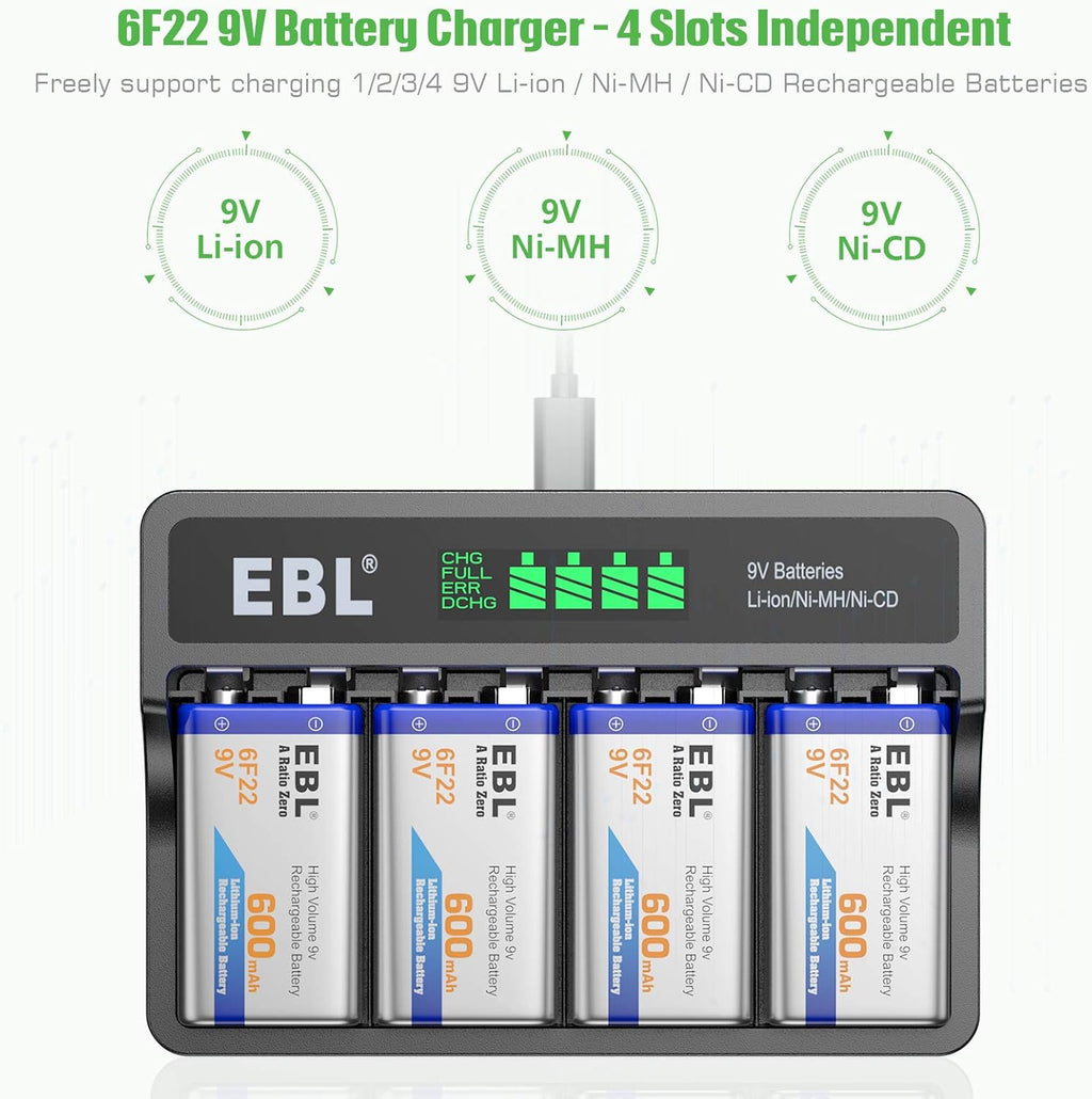 9V Li-ion Rechargeable Batteries 600mAh 4-Pack with LCD Smart Battery Charger M938742