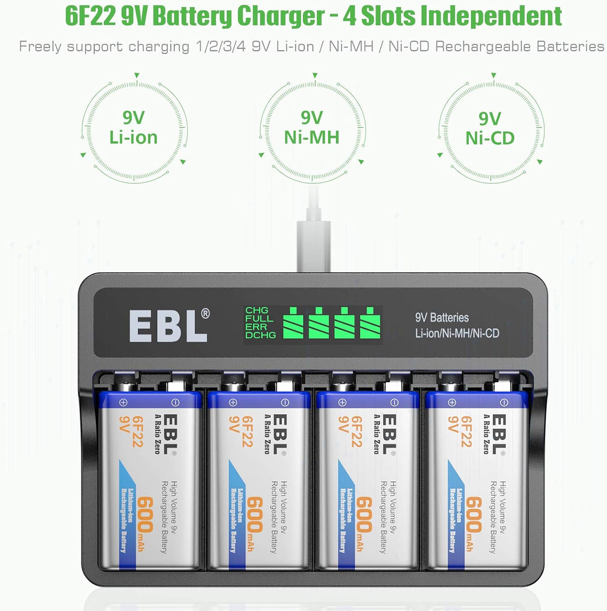 9V Li-ion Rechargeable Batteries 600mAh 4-Pack with LCD Smart Battery Charger M938742