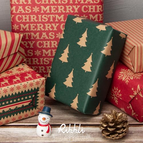 6 Rolls Kraft Christmas Wrapping Paper with Snowflake/Tree/Red Stripe/Merry Christmas Pattern, 17 inch x 120 inch Per Roll X883912