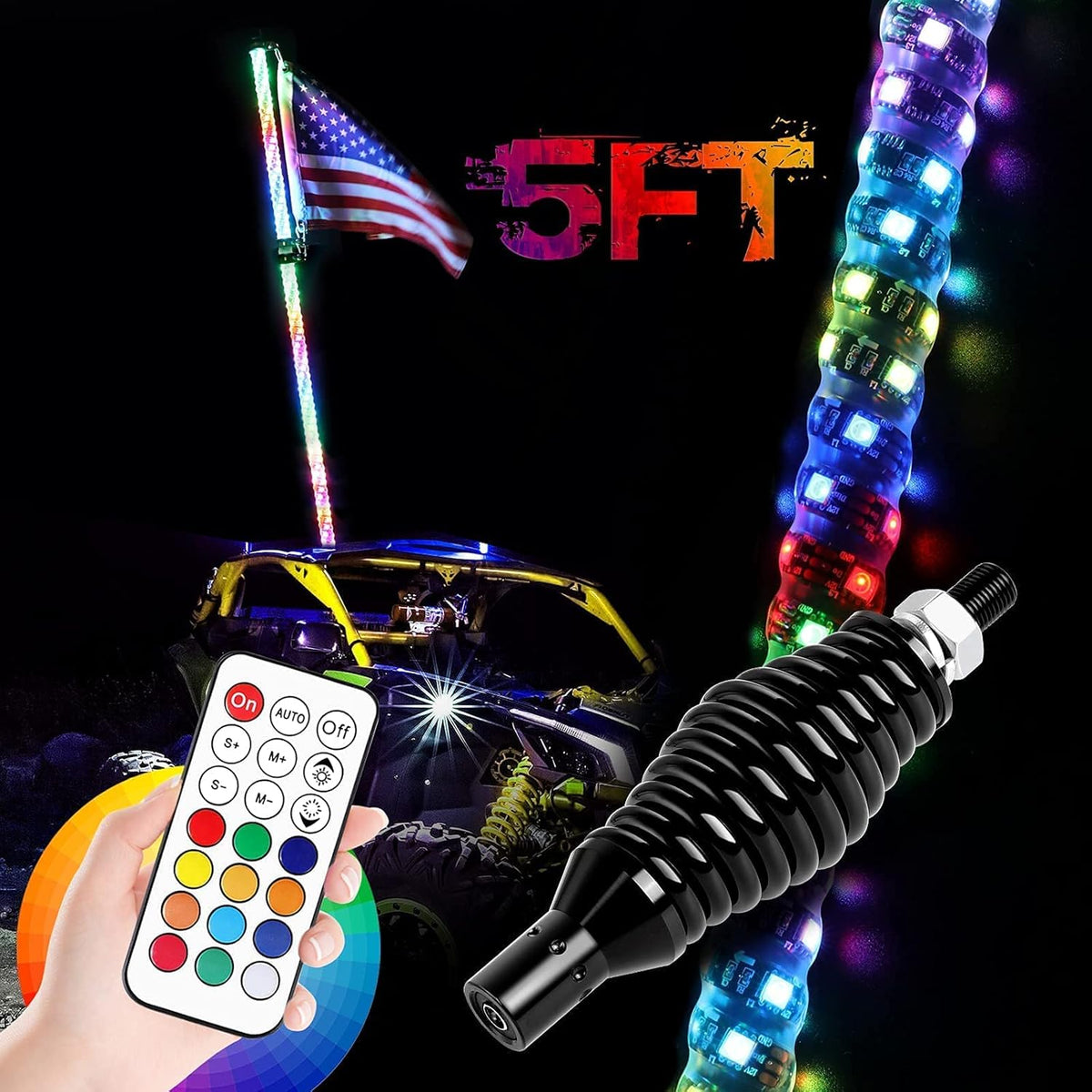 5FT RGB LED Whip Lights with Spring Base RF Remote Controlled Spiral Antenna U102