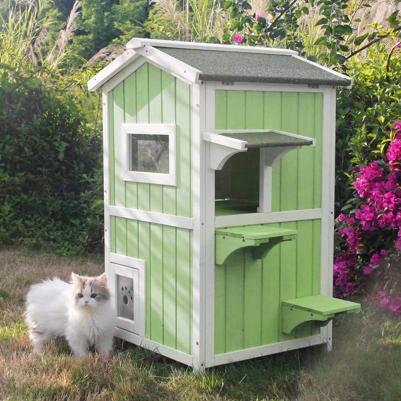 Outdoor Cat Shelter Weatherproof Two Story Wooden Cat House with Openable Roof Escape Door D1080