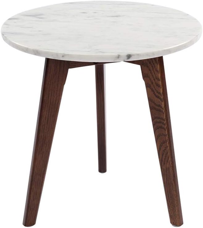Round Modern Italian Carrara White Marble End Table with Walnut Legs W6802