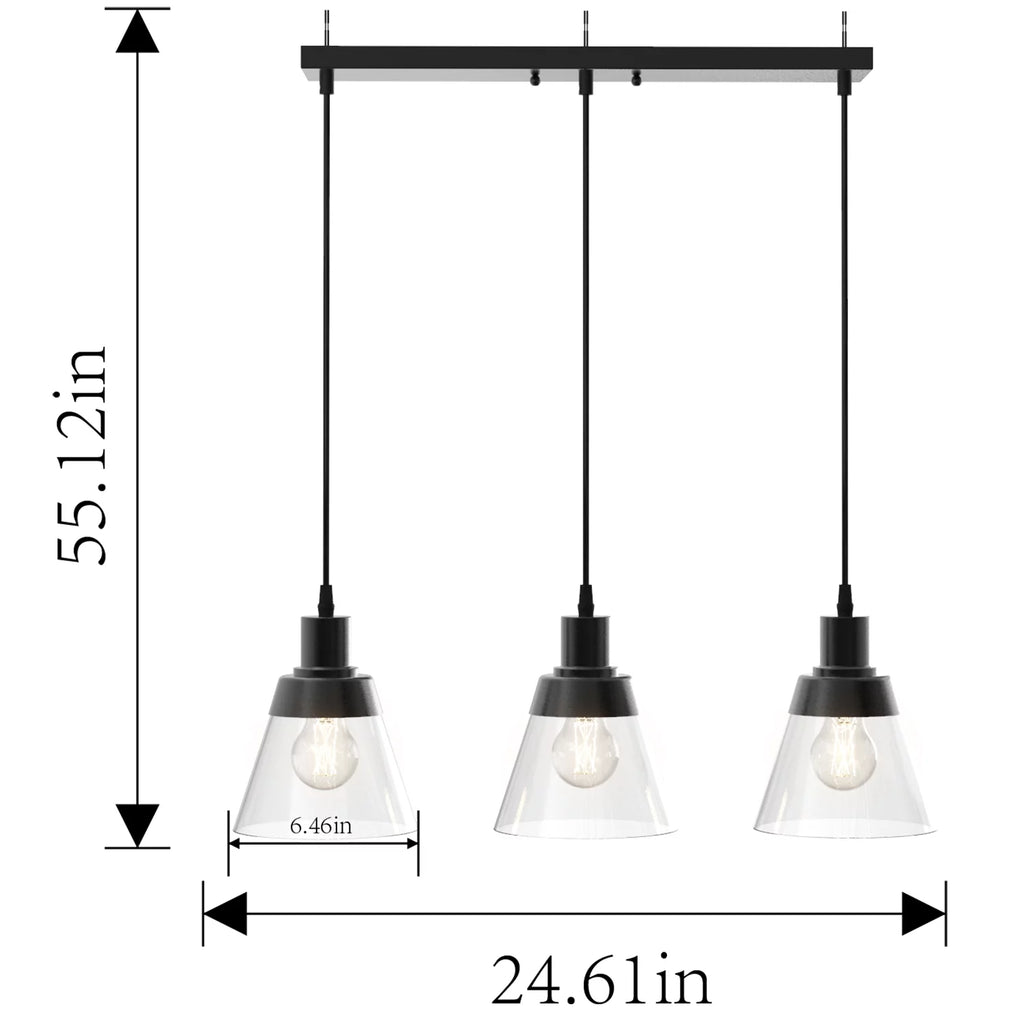 Black Finish Clear Glass 3-Light Island Pendant Light H70187