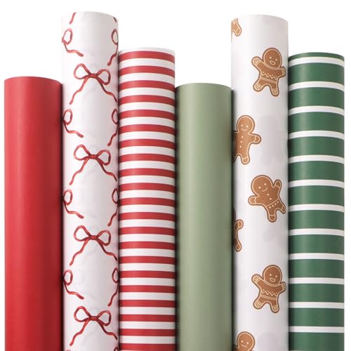 6 Rolls Kraft Christmas Wrapping Paper with Snowflake/Tree/Red Stripe/Merry Christmas Pattern, 17 inch x 120 inch Per Roll X883912