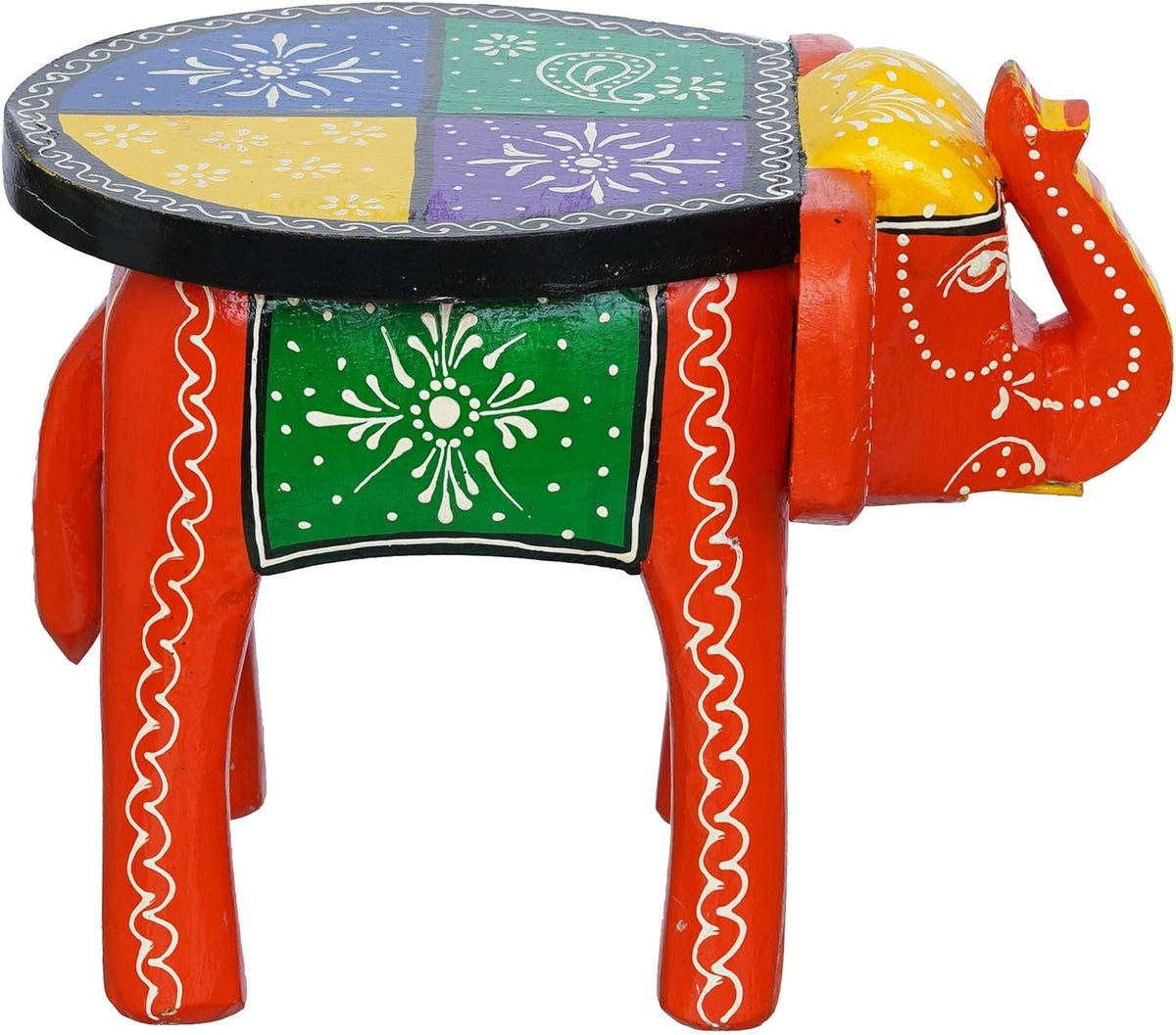 Handcrafted Emboss Painted Colorful Wooden Elephant Shape Stool Table Medium F58894