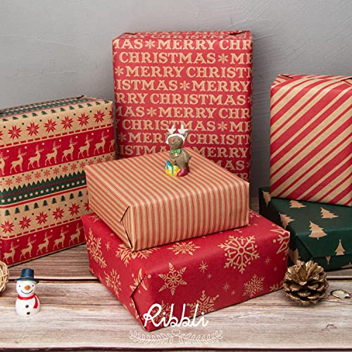 6 Rolls Kraft Christmas Wrapping Paper with Snowflake/Tree/Red Stripe/Merry Christmas Pattern, 17 inch x 120 inch Per Roll X883912