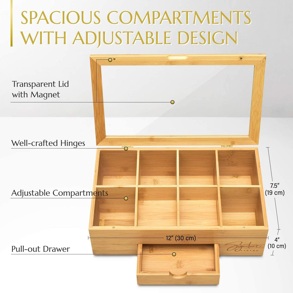 Bamboo Wooden Tea Box Organizer Storage with Drawer (8 Compartments) D875