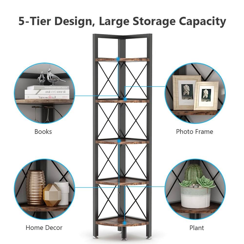 5 Tier Corner Bookshelf Bookcase Brown G844