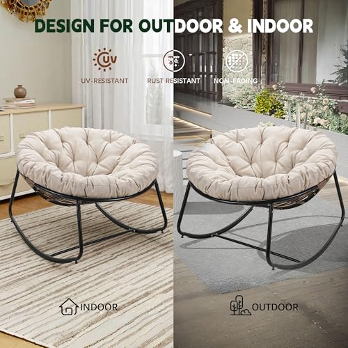 Oversized Wicker Rocking Chair with Beige Cushion O581