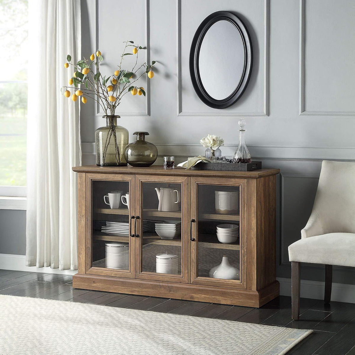 Rustic Grey Wood Sideboard Buffet with Storage Cabinet and Glass Doors Y44635