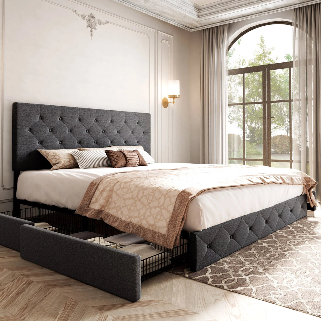 Light Grey Queen Platform Bed Frame with 4 Drawers Storage T1156