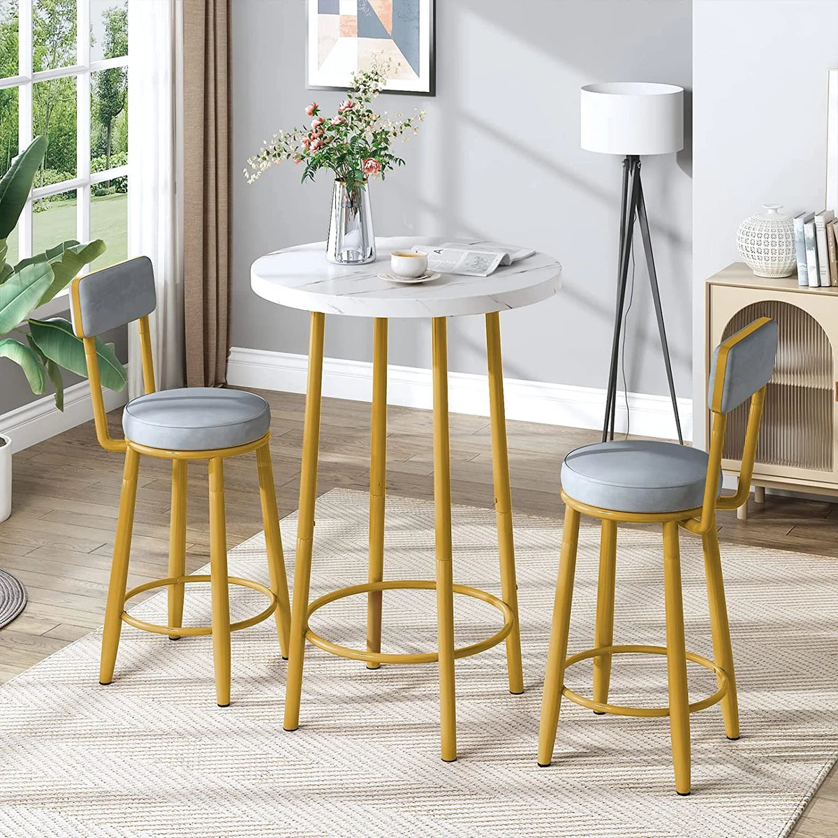 3-Piece Faux Marble Bar Table and 2 Upholstered Stools with Backrest Z10884