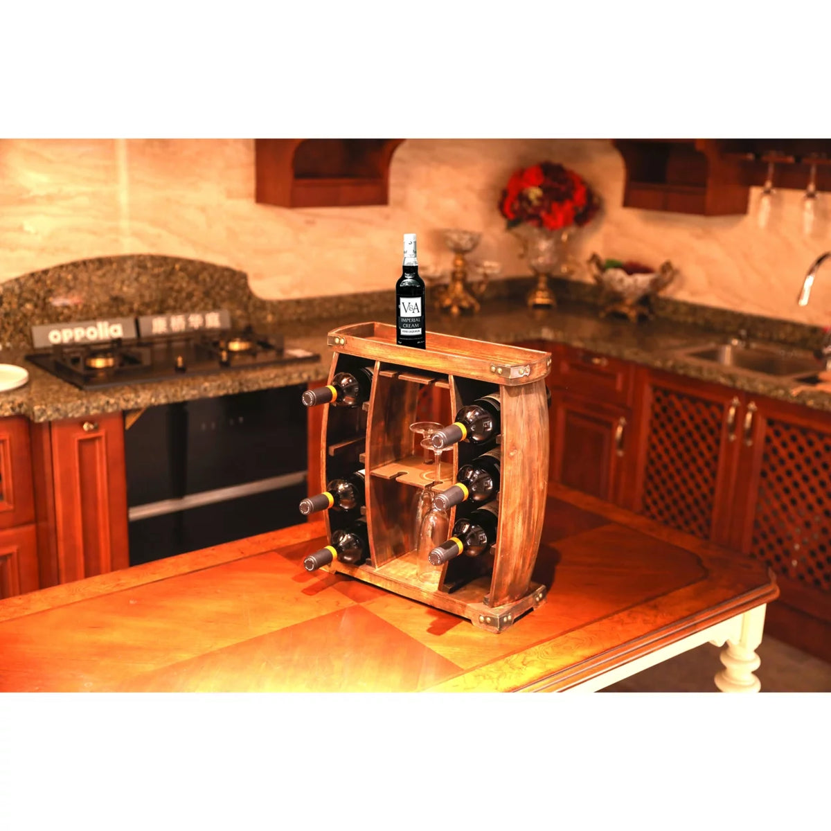 8 Bottle Wooden Wine Rack with Glass Holder S850