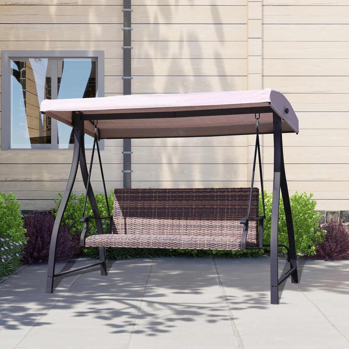 3 Seat Outdoor Rattan Patio Swing with Brown Canopy M366934