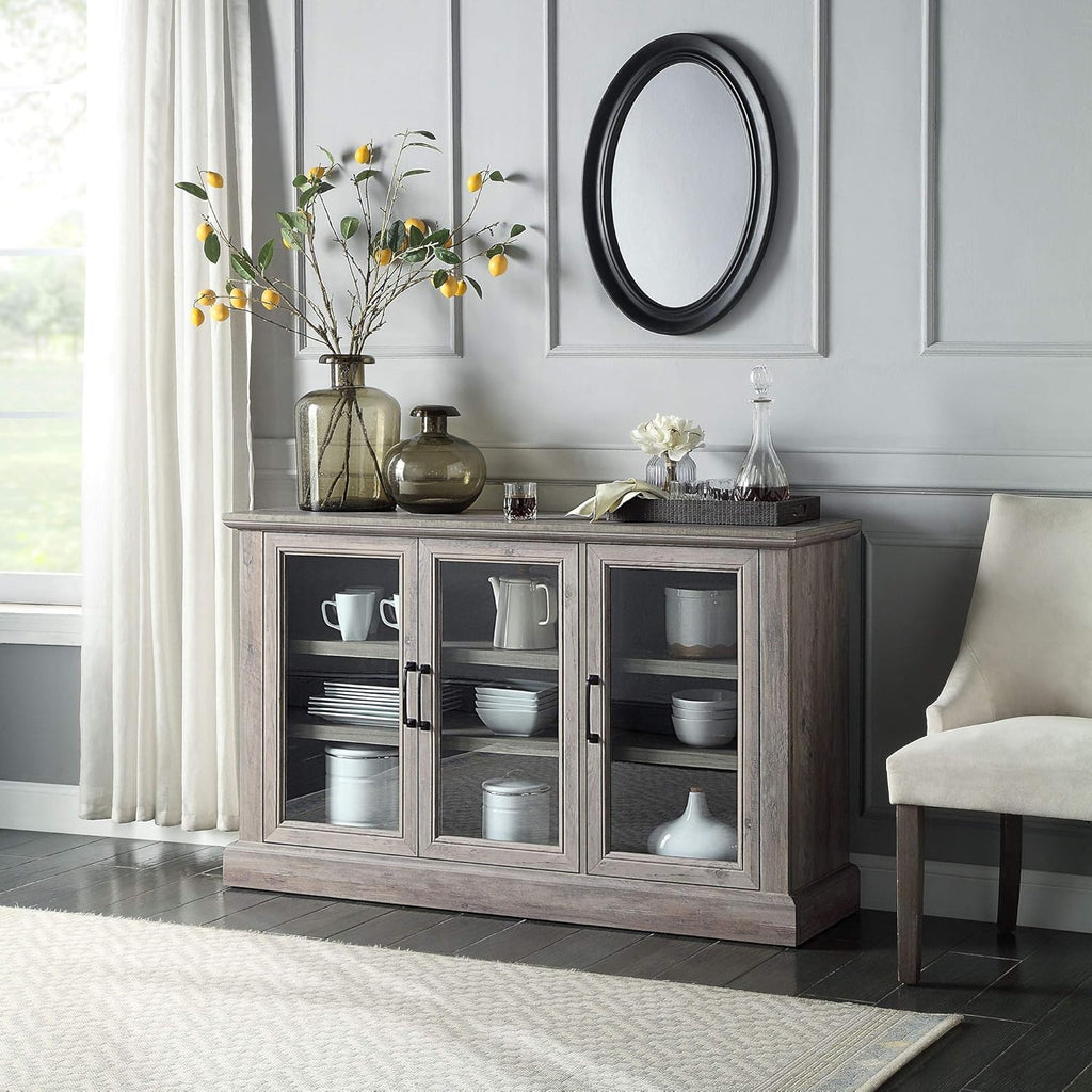 Rustic Grey Wood Sideboard Buffet with Storage Cabinet and Glass Doors Y44635