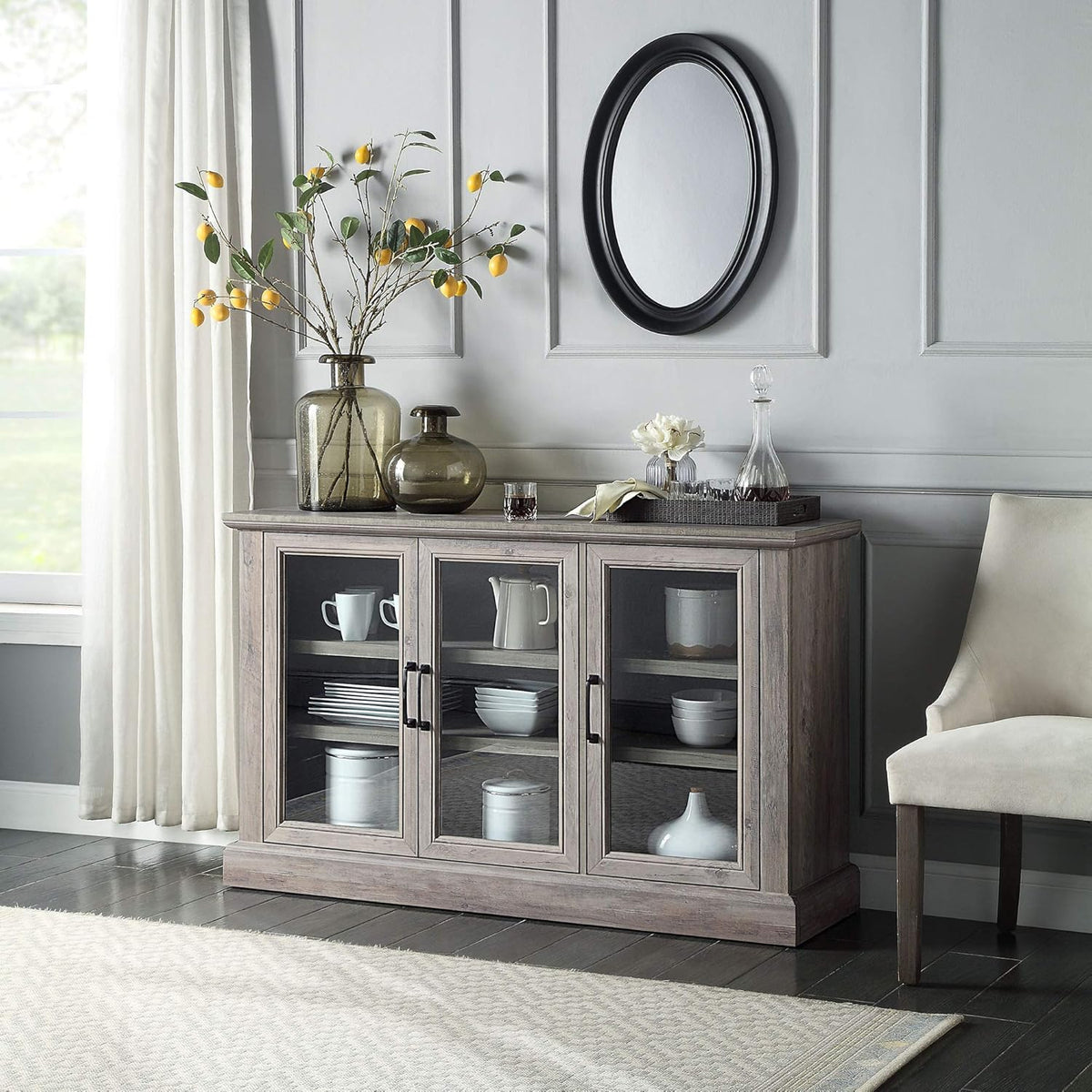Rustic Grey Wood Sideboard Buffet with Storage Cabinet and Glass Doors Y44635