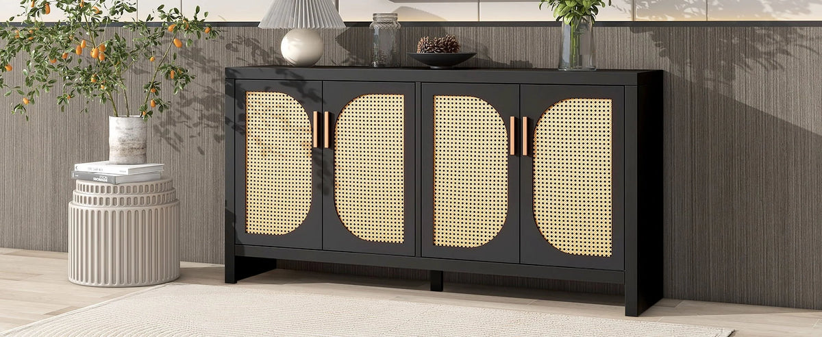 Modern TV Stand with Rattan Doors and Adjustable Shelves O81697