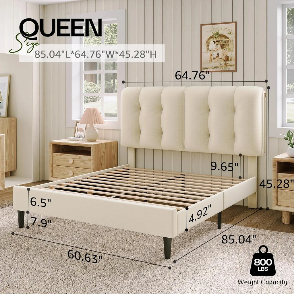 Queen Velvet Upholstered Platform Bed with Adjustable Headboard A158119
