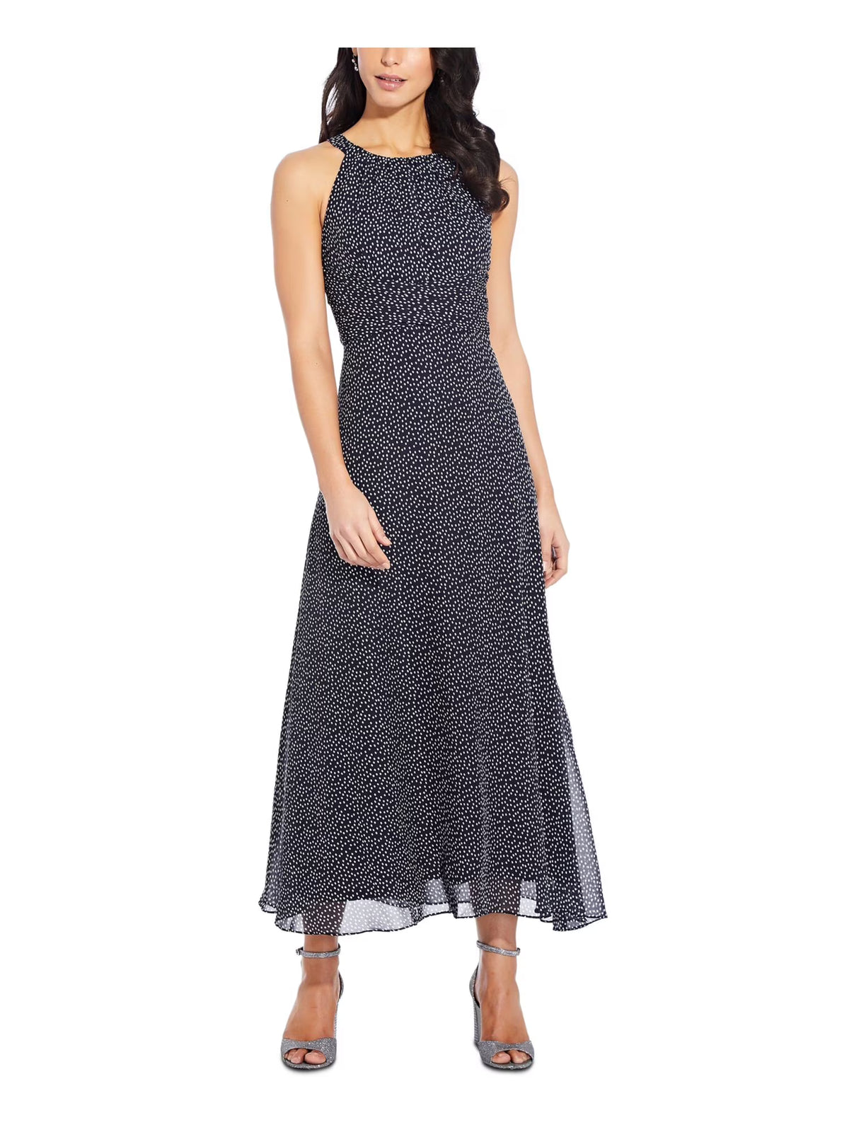 Navy Belted Pleated Polka Dot Sleeveless Halter Midi Dress Petites 16P I19959