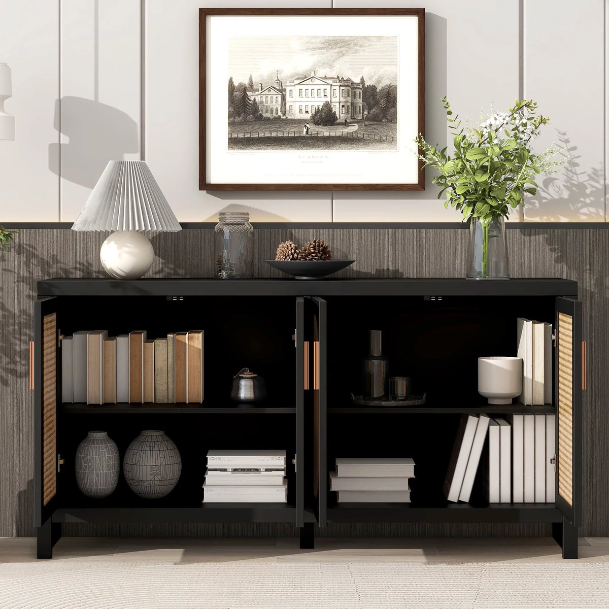 Modern TV Stand with Rattan Doors and Adjustable Shelves O81697