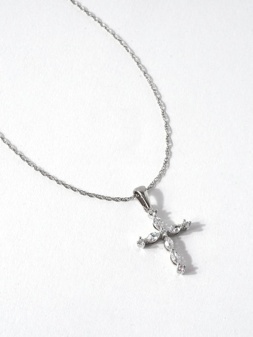 10K White Gold Marquise and Round Diamond Cross Pendant Necklace M4640