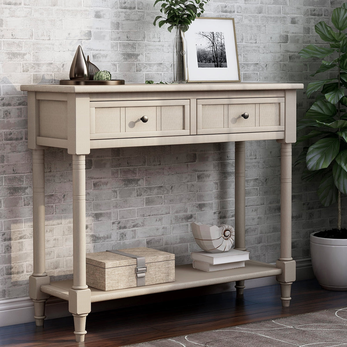 Antique Gray Console Table with Two Storage Drawers and Bottom Shelf Z52047